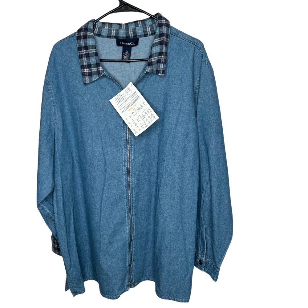 New Denim & Co. Women’s Flannel Trim Denim Zip Front Top 2X Blue BNWT